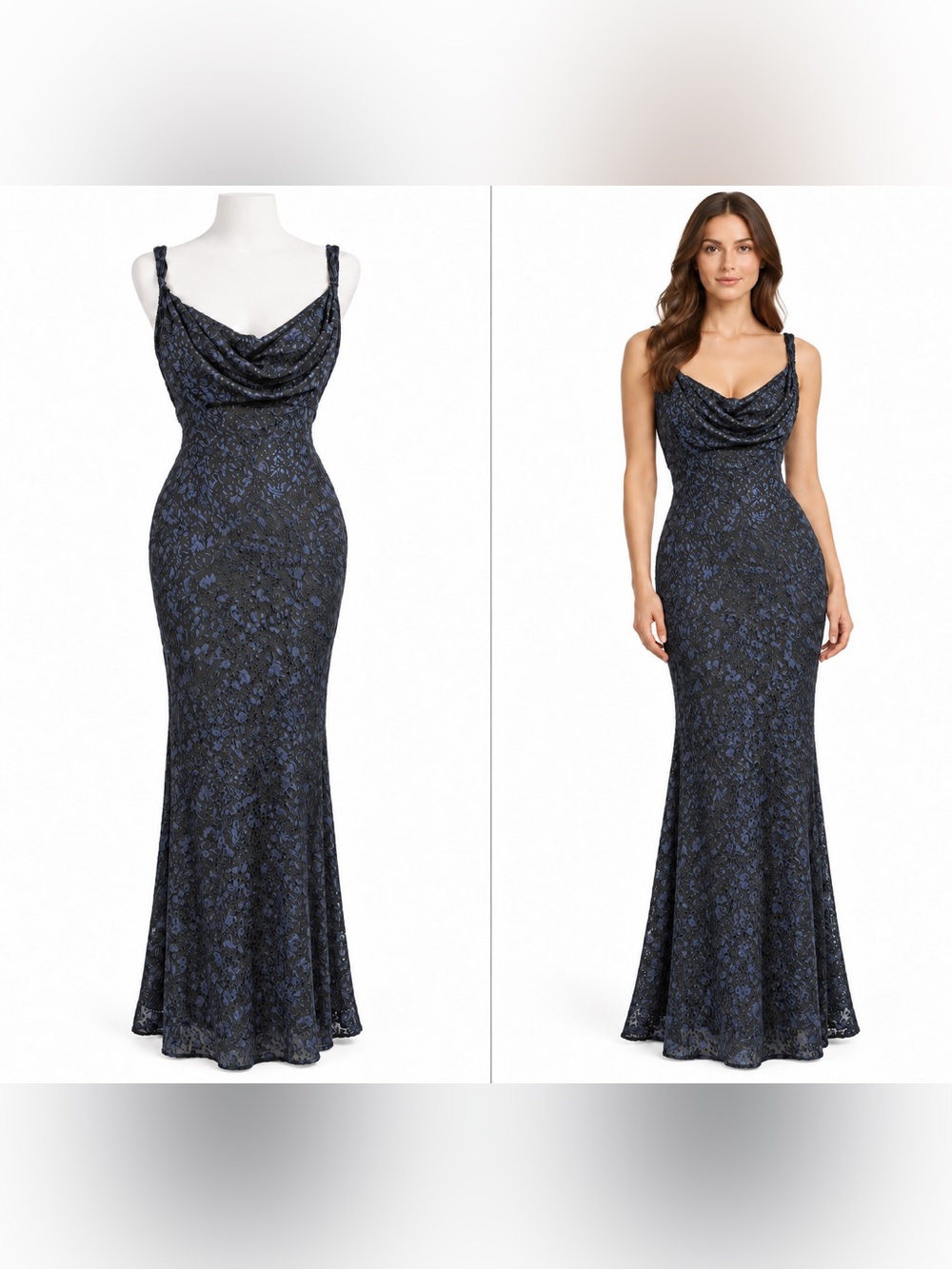 Cachet Textured Blue & Black Cowl Neck Maxi Dress Size 4